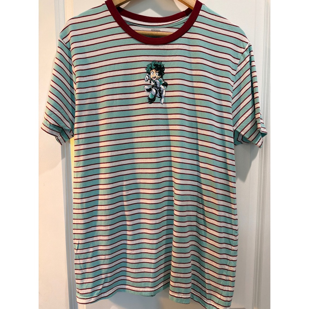 My Hero Academia Deku Striped Graphic T-Shirt Funimation Teal Burgundy Large
